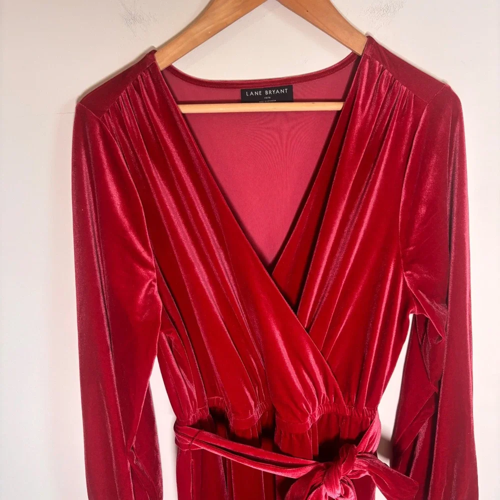 Lane Bryant Red Velvet Wrap Midi Dress Pockets Long Sleeve Ruffle Hem 14/16